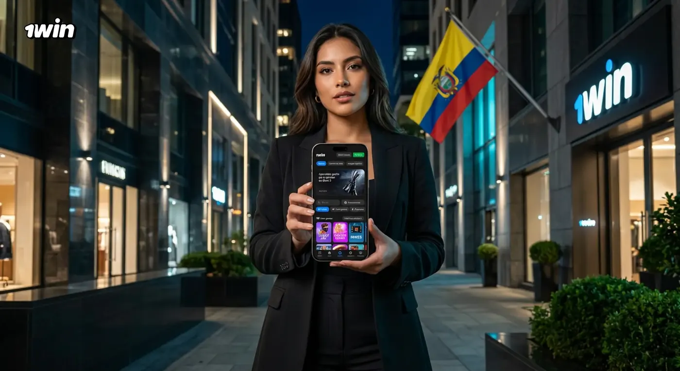 Mujer con blazer negro mostrando la app de 1win en su celular frente a una tienda de 1win y la bandera de Ecuador