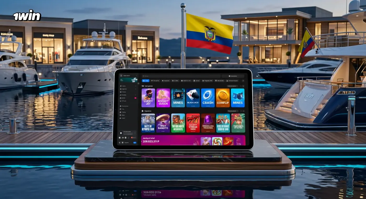 Tablet con el lobby de casino de 1win sobre un muelle con yates y la bandera de Ecuador